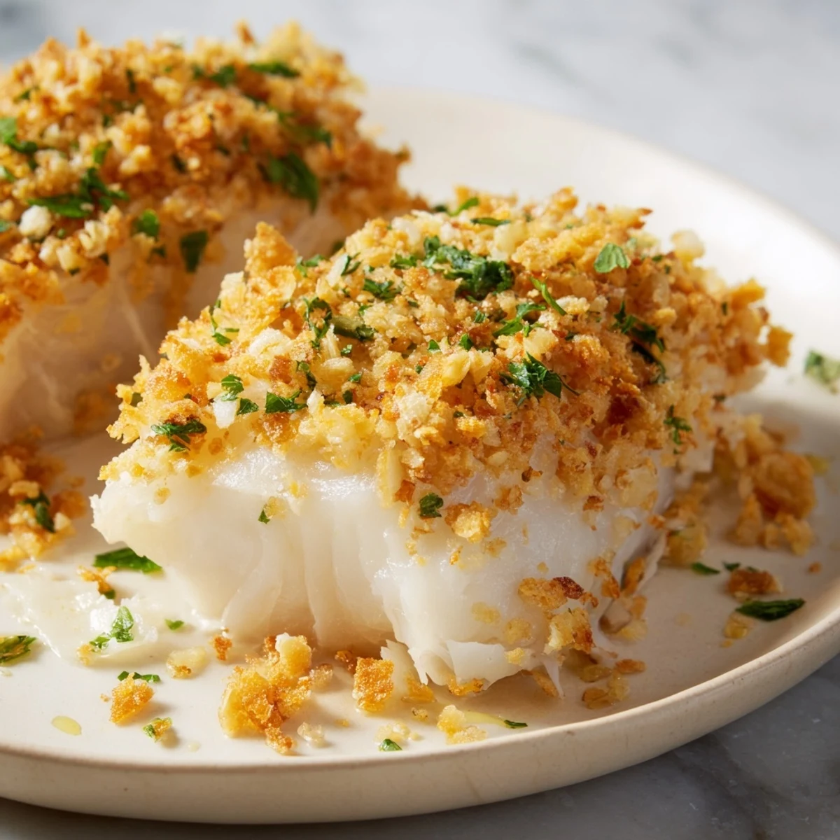Baked Cod with Cracker Crumb Topping, golden brown and bubbly, ready for a delicious dinner.