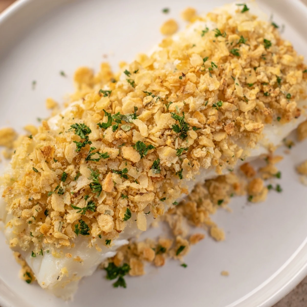 A close-up of baked cod with cracker crumb topping, showcasing its flaky, tender texture.