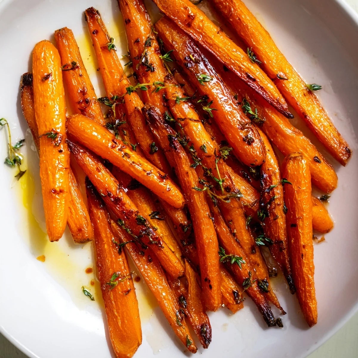Caramelized and glistening Roasted Carrots with Honey and Thyme, ready to serve as a side.