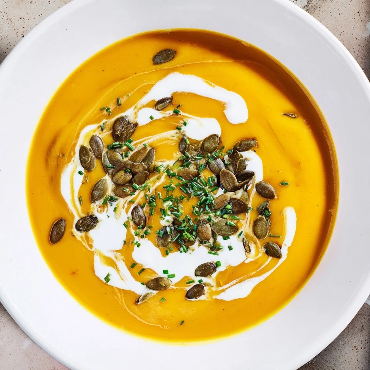 Creamy Winter Squash Soup with Apple, garnished with toasted seeds, smells of cinnamon and nutmeg.