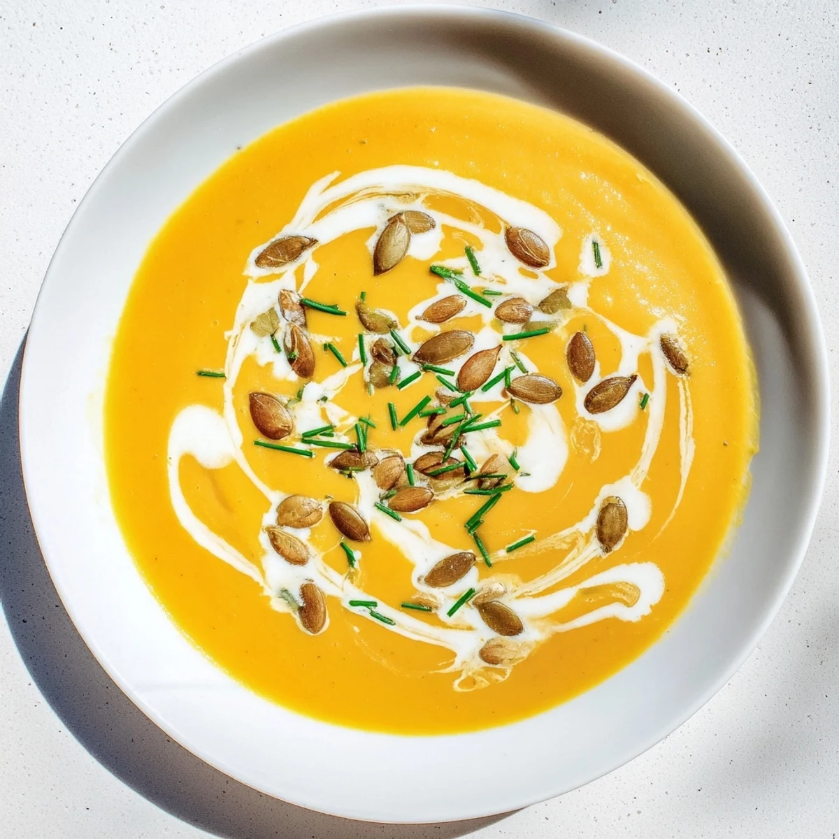 A vibrant bowl of Winter Squash Soup with Apple, ready to enjoy, perfect for a cozy fall evening.