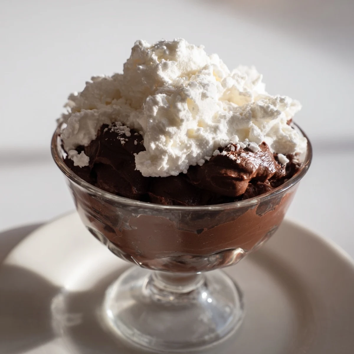 Silky smooth chocolate mousse topped with fresh whipped cream; a perfectly elegant dessert.