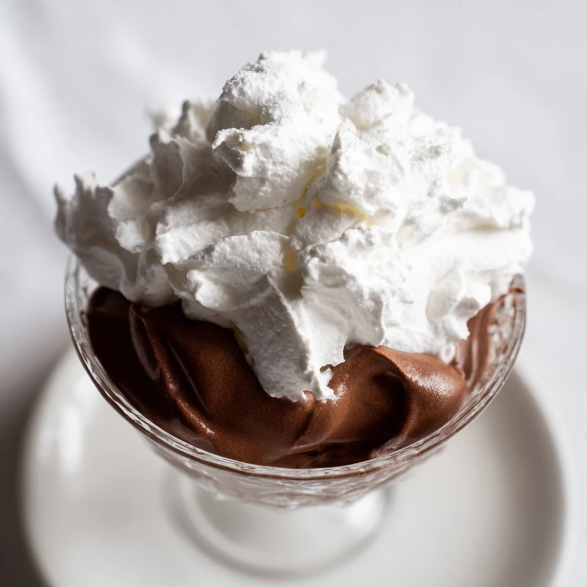 A decadent chocolate mousse with whipped cream, rich, dark, and beautifully garnished for dessert.