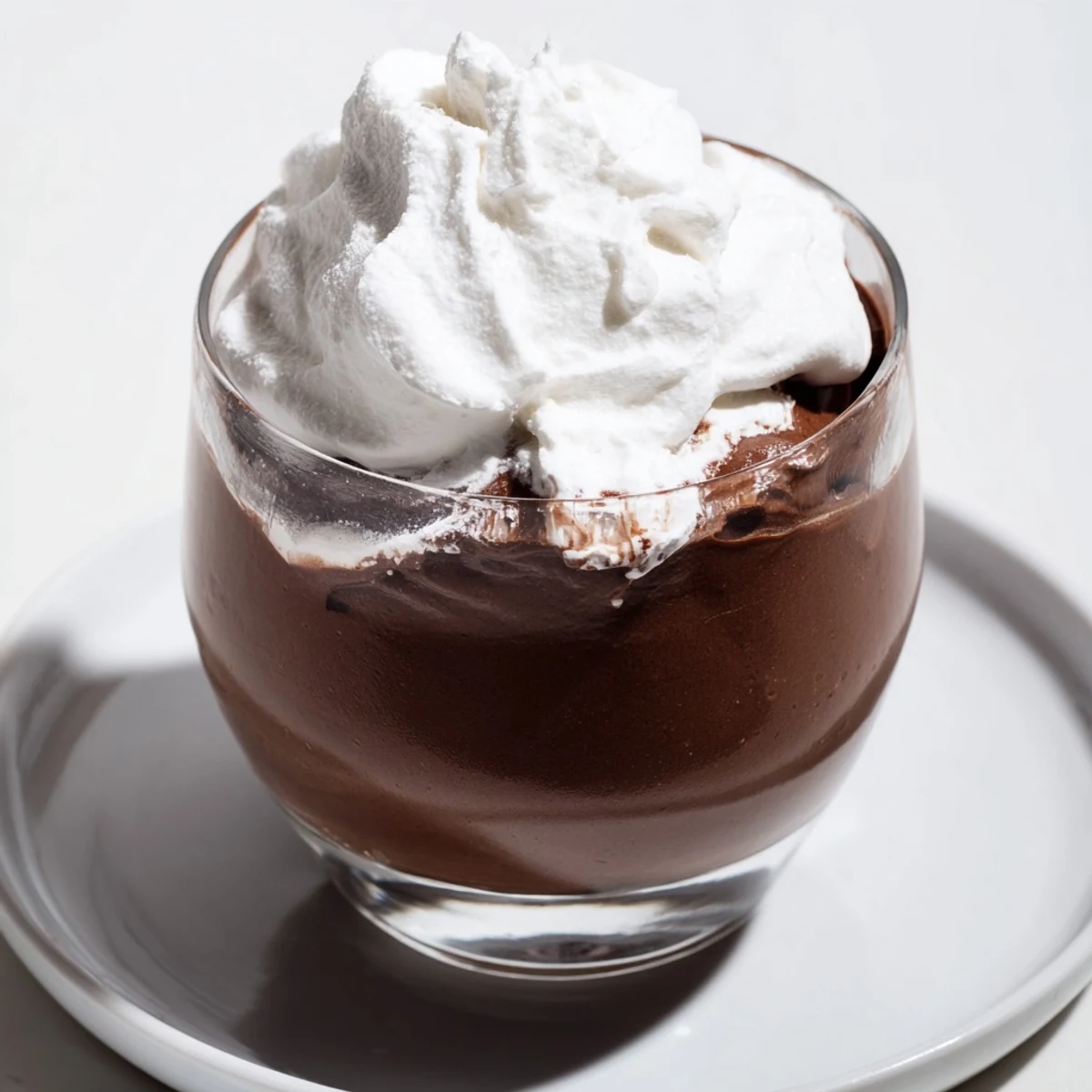 Fluffy whipped cream crowns this luscious chocolate mousse, ready for a special occasion celebration.
