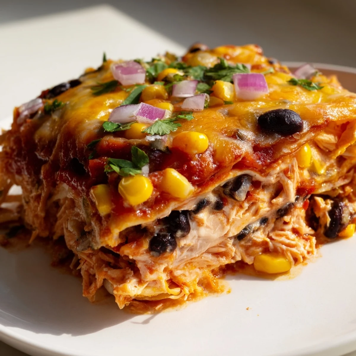 Golden, bubbly Chicken Enchilada Casserole with melted cheese, ready to serve with fresh cilantro.