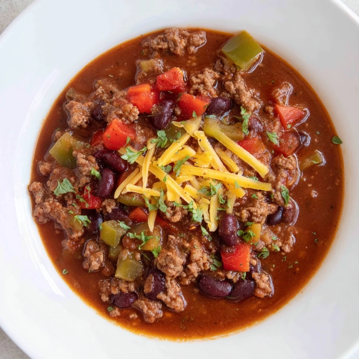 Steaming bowl of Slow Cooker Chili with ground beef topped with cilantro and cheese for serving.