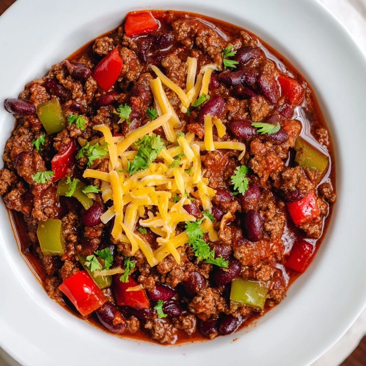 A close-up view of richly flavored, hearty Slow Cooker Chili with tender, slow-cooked ground beef.
