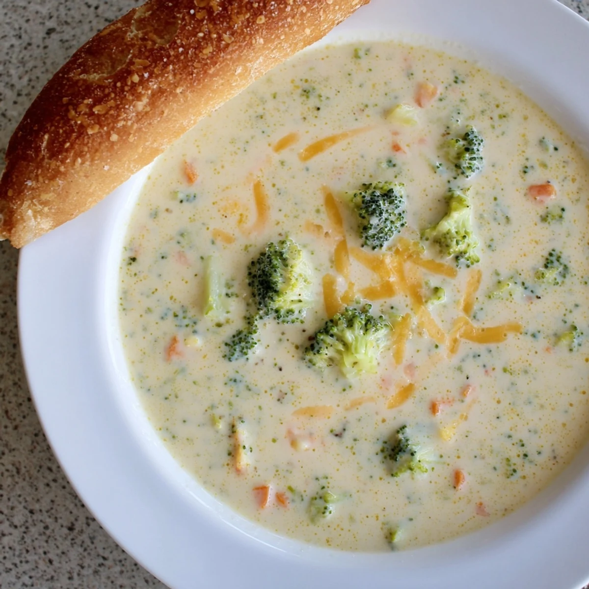A close-up shot of rich, green Creamy Broccoli Cheddar Soup, topped with melted cheese, ready to eat.