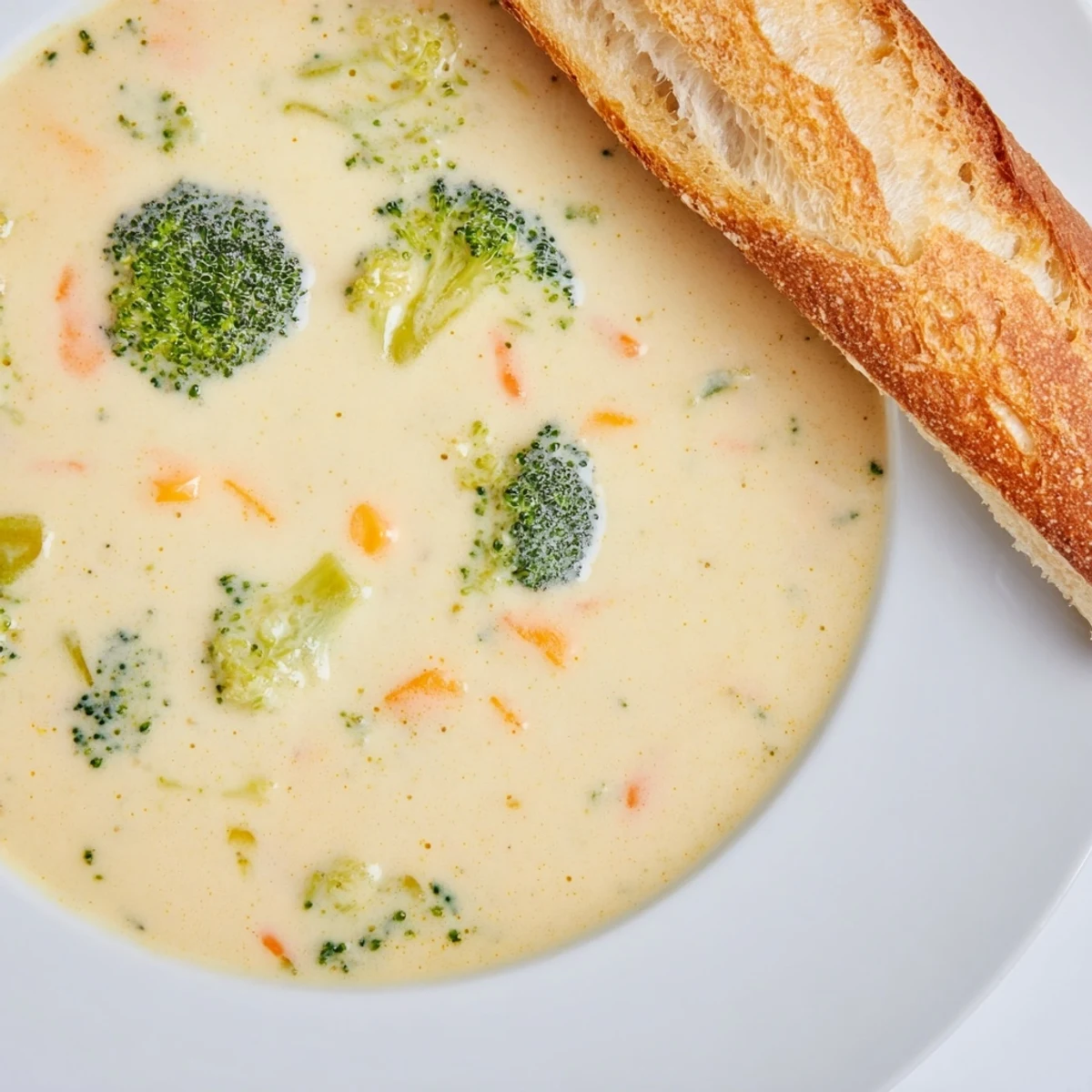 Crusty bread alongside a bowl overflowing with vibrant, creamy Creamy Broccoli Cheddar Soup goodness.
