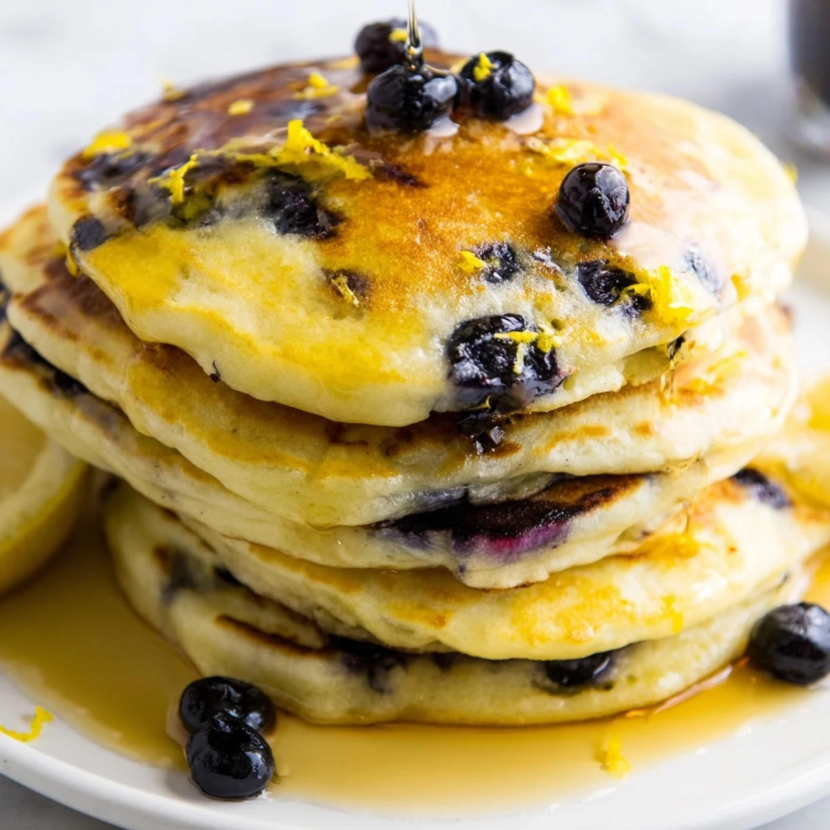 Golden-brown Lemon Blueberry Pancakes, stacked high and drizzled with glistening maple syrup, a perfect breakfast.