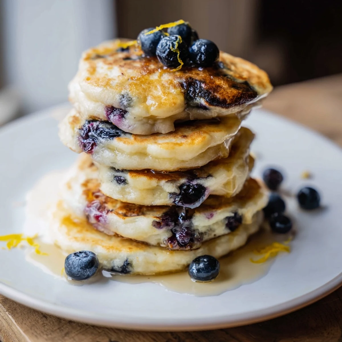 Fluffy Lemon Blueberry Pancakes with fresh blueberries spilling, ready to enjoy with a pat of butter.