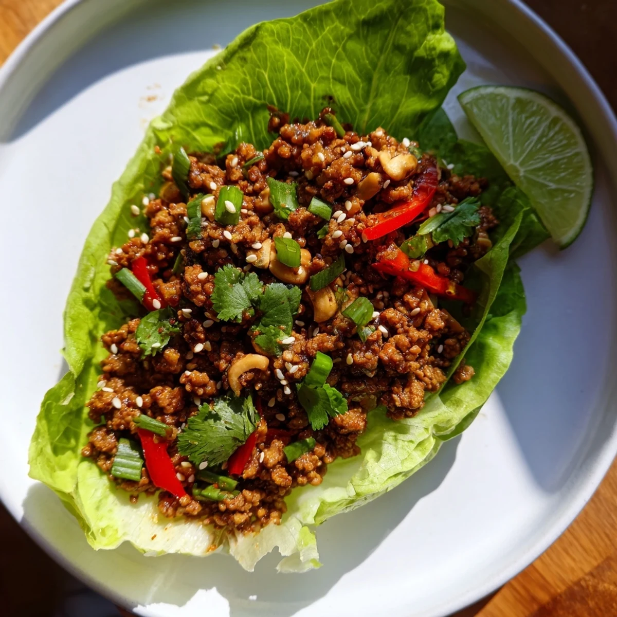 Sizzling Beef Lettuce Wraps with hoisin, fresh cilantro, served in cool butter lettuce leaves.