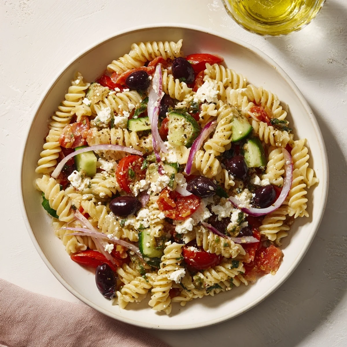 A close-up of a flavorful Mediterranean Pasta Salad filled with fresh veggies and olives.