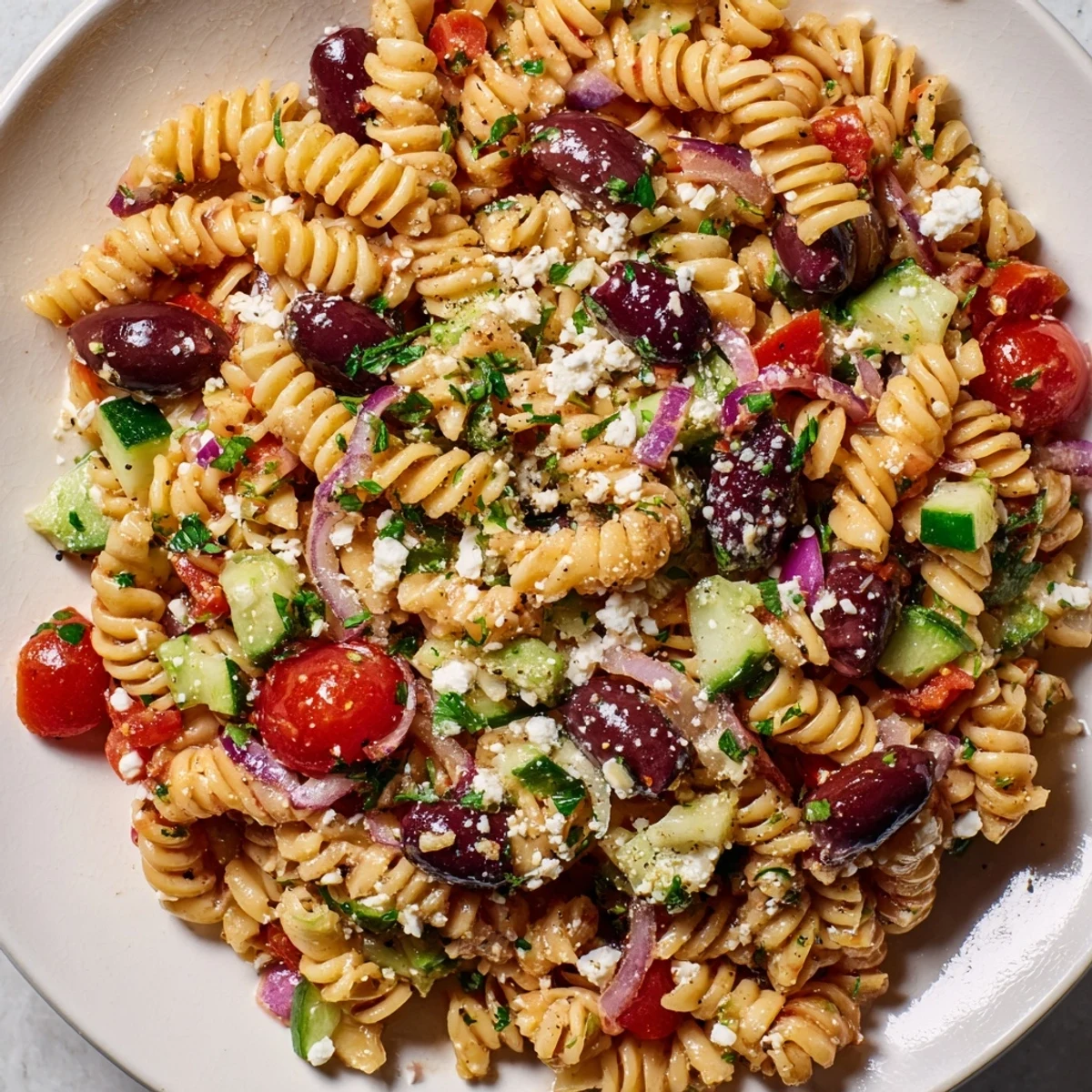 Mediterranean Pasta Salad with olives, bright, colorful, and ready to enjoy on a sunny day.