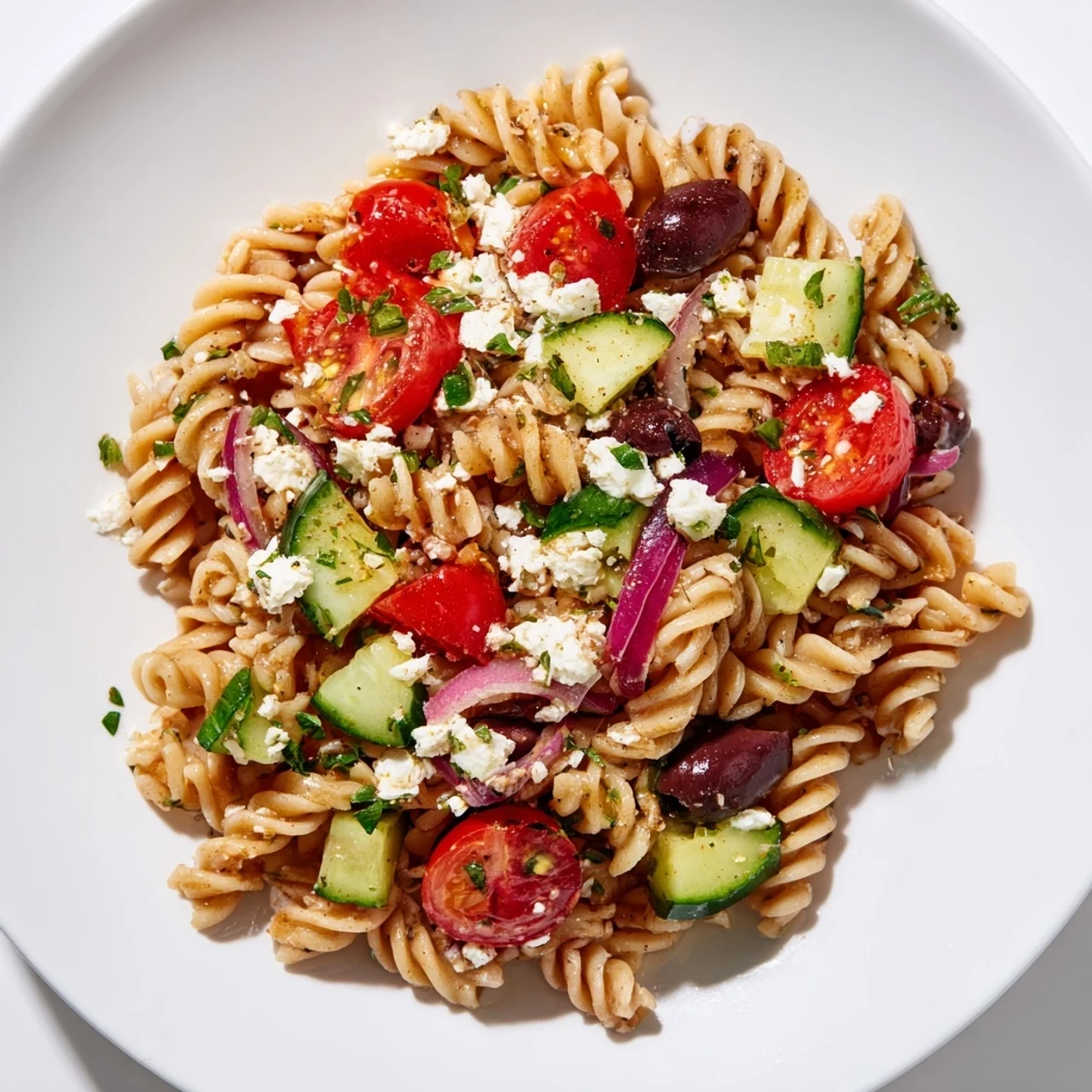 A close-up of a flavorful Mediterranean Pasta Salad filled with fresh veggies and olives.