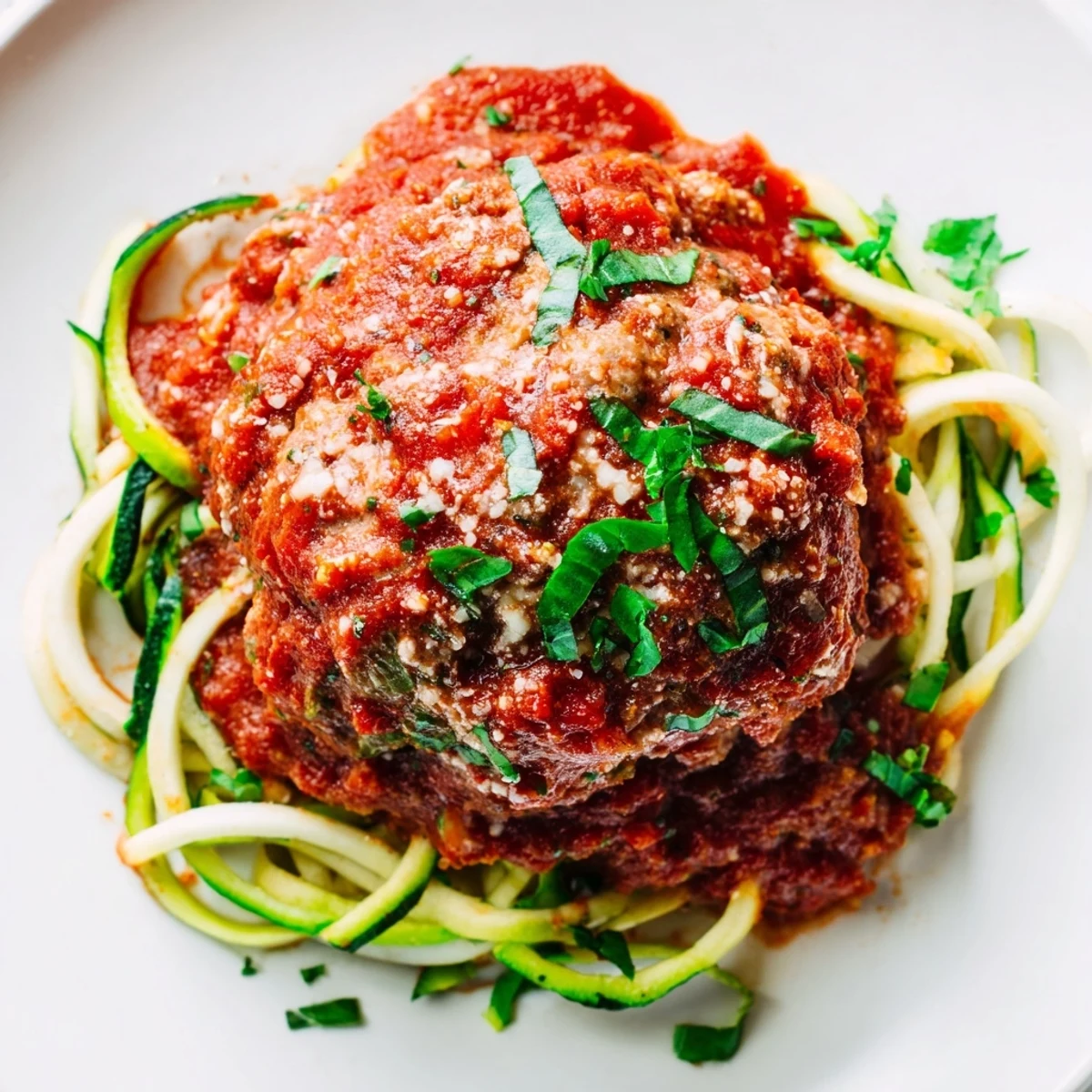 Golden-brown herb turkey meatballs with Parmesan rest on sautéed zucchini noodles and rich marinara.