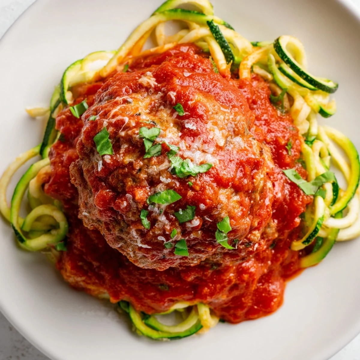 Spiralized zucchini provides a tender, light base for the smothered meatballs and homemade tomato sauce.