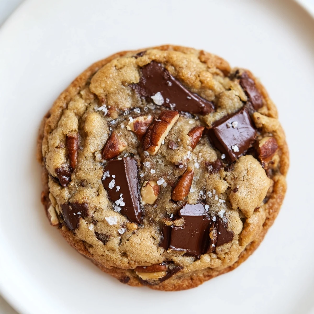 Golden Chocolate Chip Cookies with Sea Salt Flakes arranged on a plate, ready to be served with a tall glass of milk.