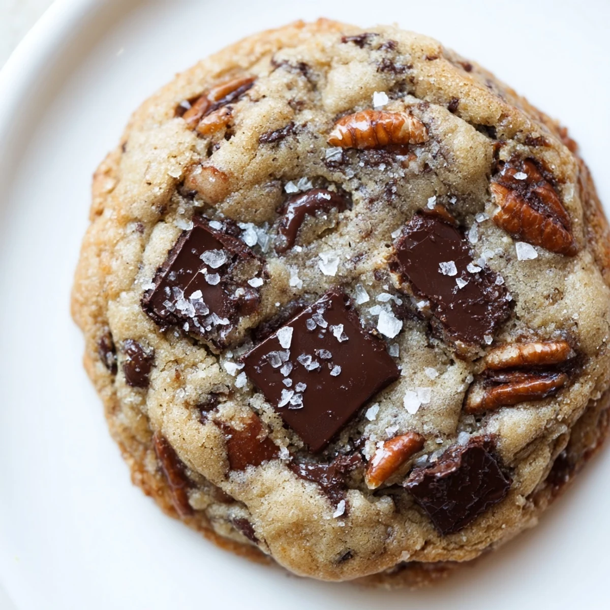 A close-up of a soft Chocolate Chip Cookie with Sea Salt Flakes broken in half, revealing a warm, melted center.