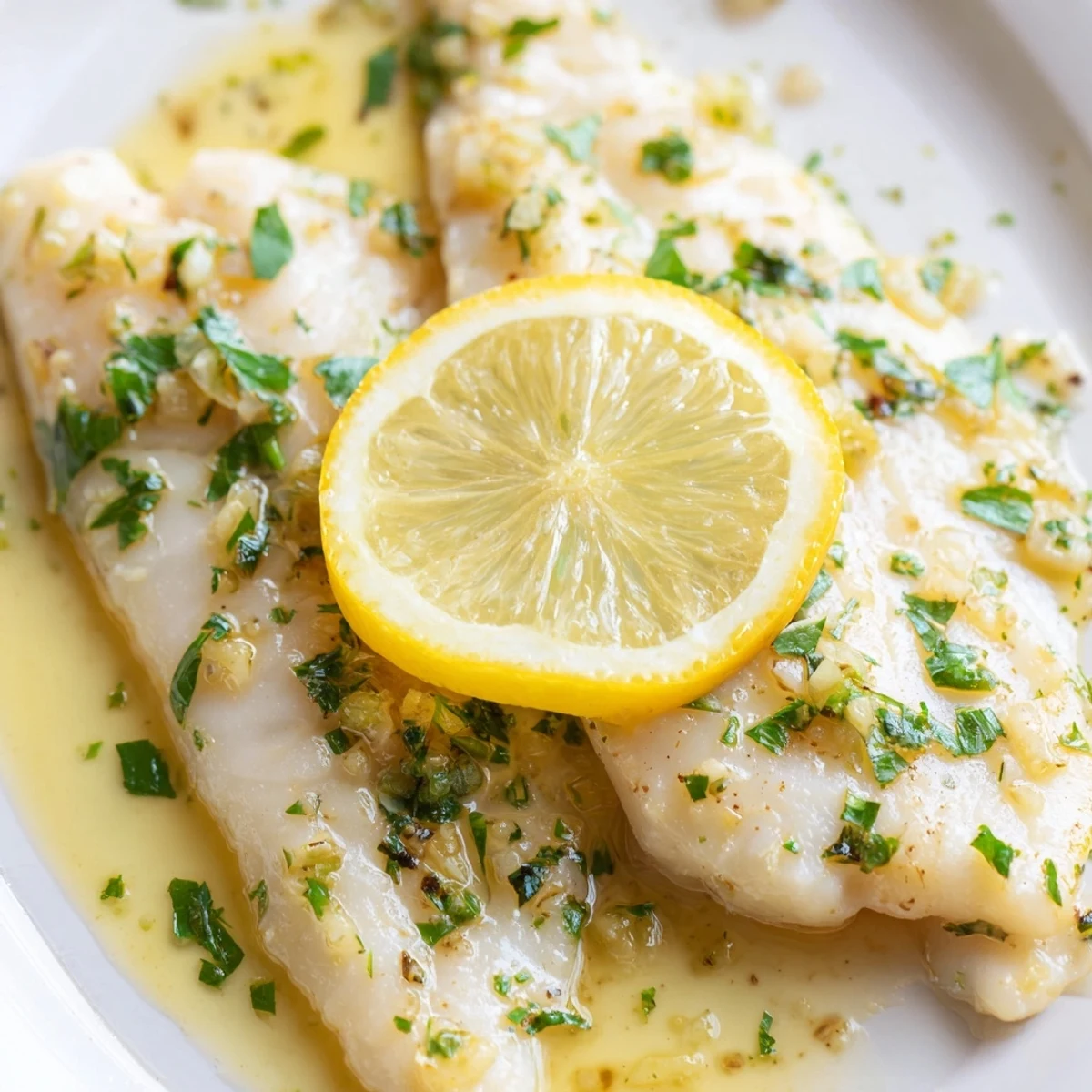 Golden-brown Baked Tilapia with Lemon Butter and Garlic flakes easily with a fork, garnished with fresh parsley and bright lemon slices.