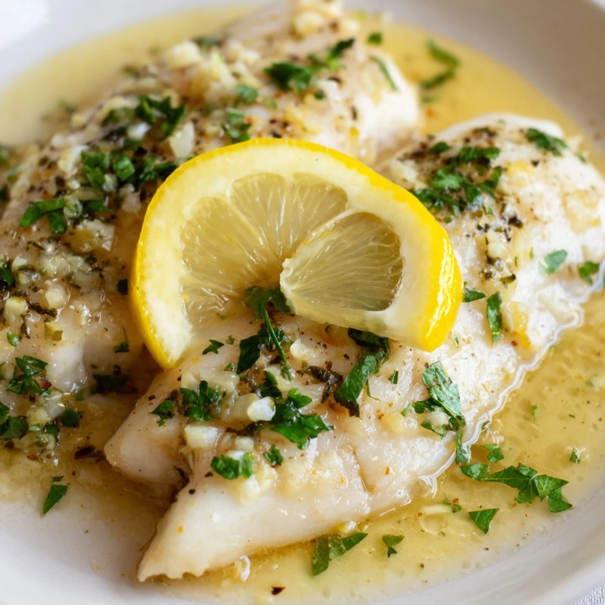 Fork-tender Baked Tilapia with Lemon Butter and Garlic rests in a baking dish, smothered in a creamy lemon butter sauce.