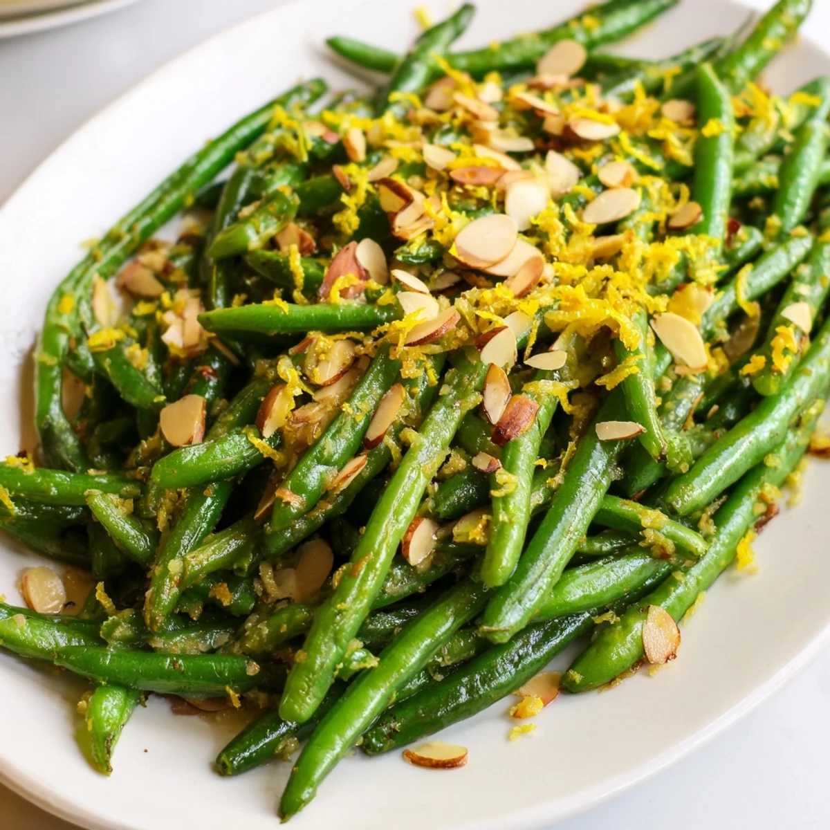 A close-up of crisp-tender green beans tossed in lemon juice and topped with golden sliced almonds.