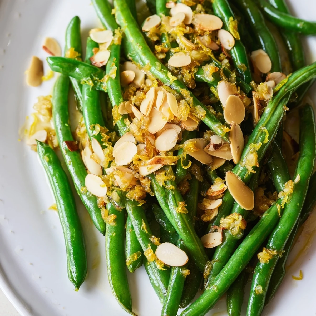 Garlic-scented Lemon Garlic Green Beans with Toasted Almonds in a white serving dish.