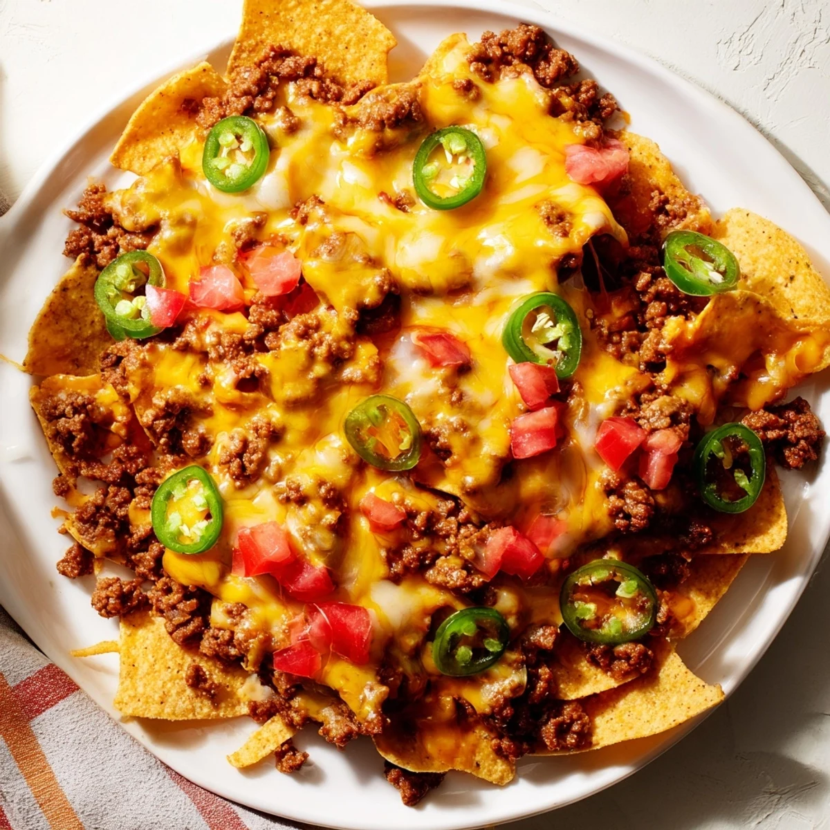 A close-up view of sizzling Beef Nachos with Jalapenos and Melted Cheese, garnished with fresh tomatoes, onions, and a dollop of sour cream.