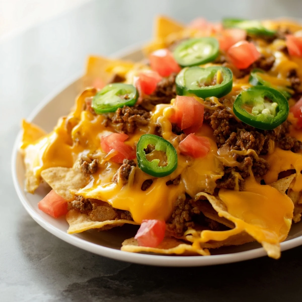 Golden-baked Beef Nachos with Jalapenos and Melted Cheese feature crispy tortilla chips and seasoned ground beef topped with gooey cheddar.