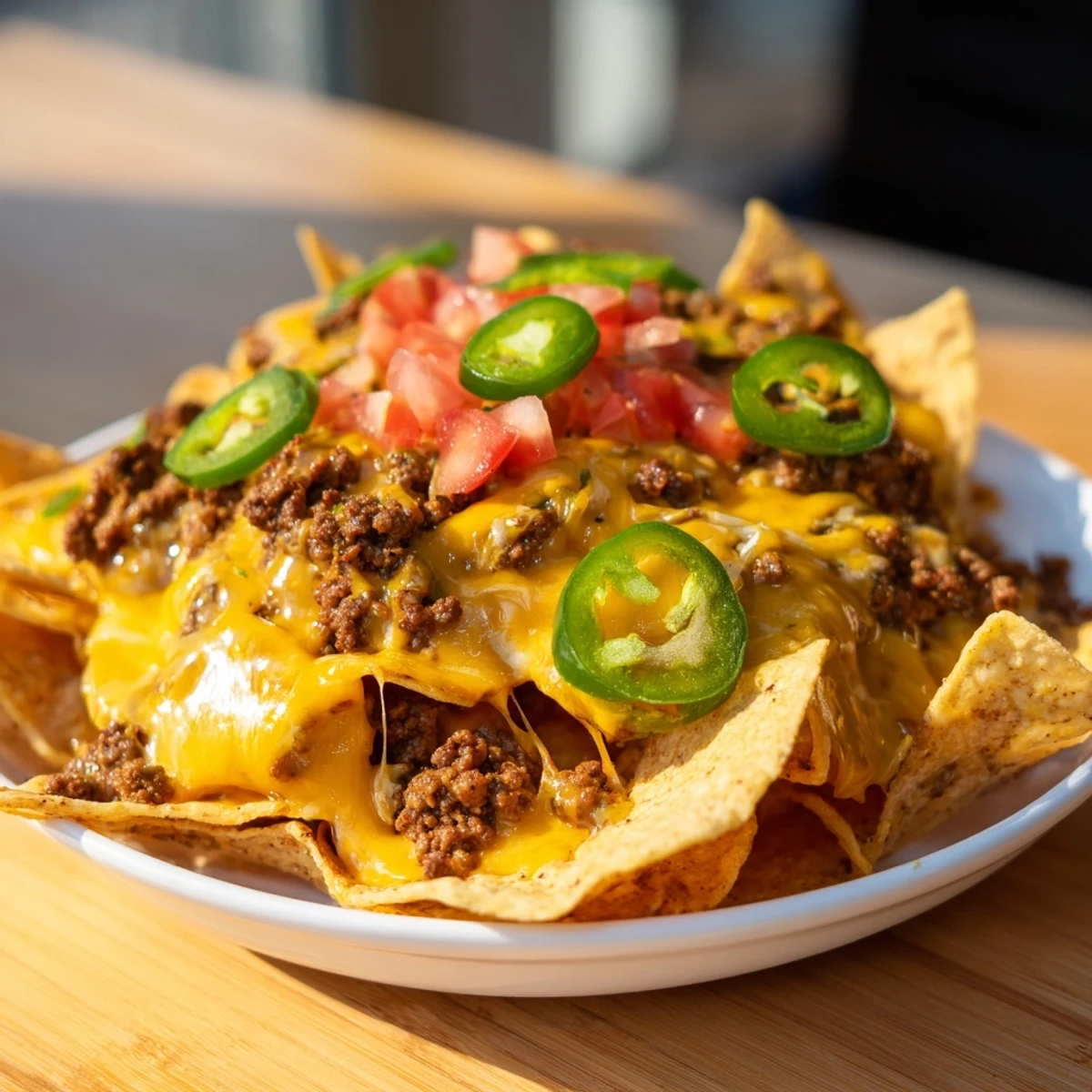 Overhead shot of a platter of Beef Nachos with Jalapenos and Melted Cheese, ready to be served with guacamole and salsa for a party.