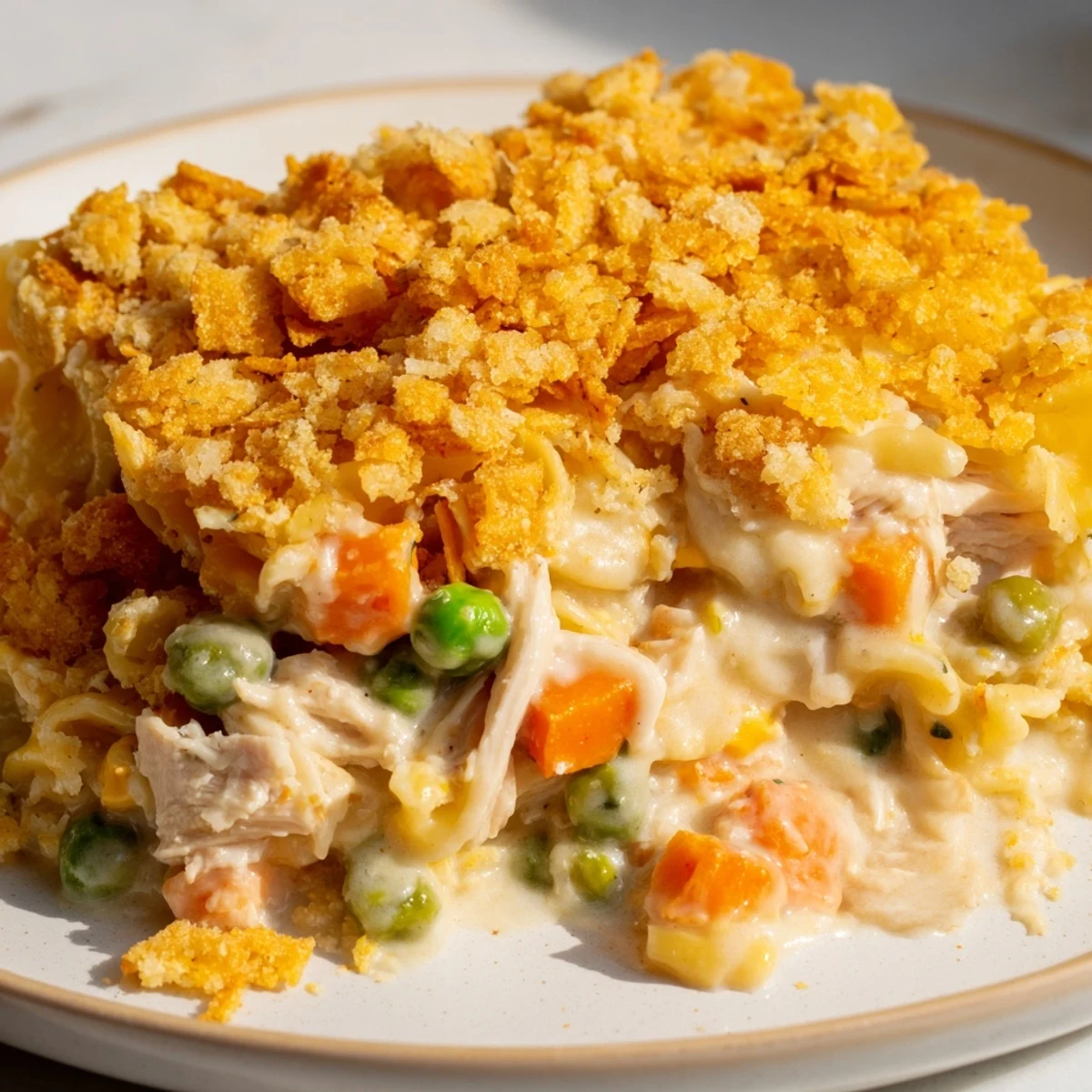 A spoon serves up a creamy portion of Chicken Noodle Casserole with Cracker Crumble, peas and carrots visible.