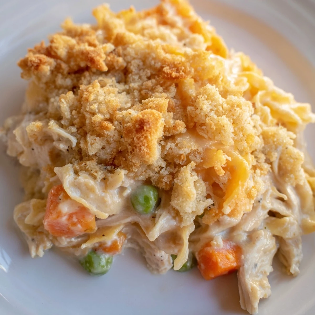 Buttery cracker crumbs top a skillet of Chicken Noodle Casserole with Cracker Crumble, ready for a family dinner.