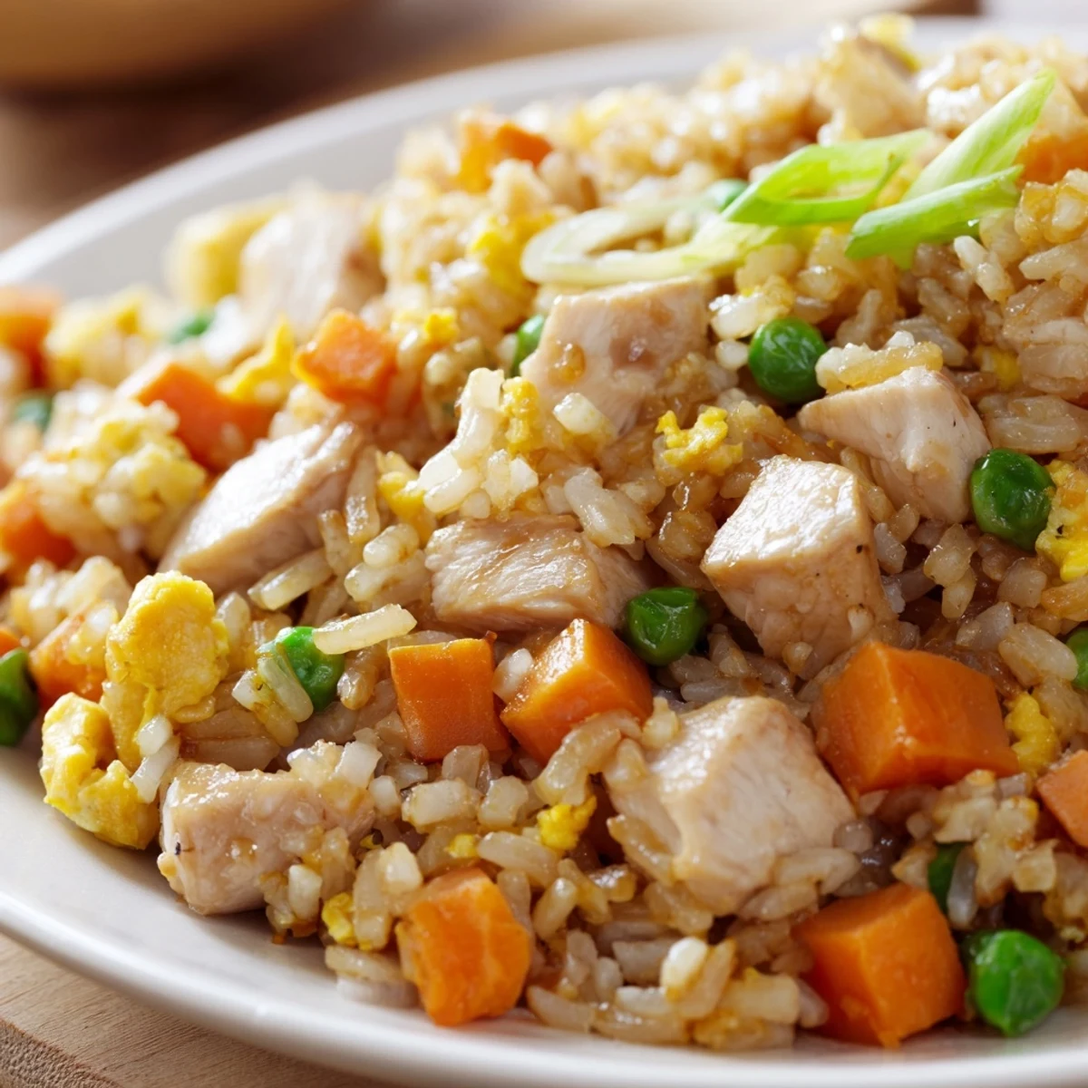 A close-up of savory Chicken Fried Rice, featuring fluffy grains, tender chicken cubes, and colorful peas and carrots glistening with sauce.