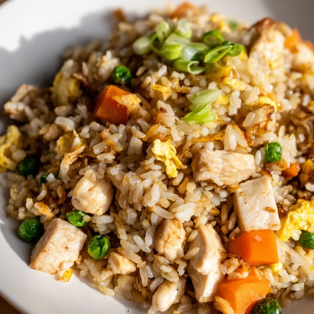 Golden-brown stir-fried Chicken Fried Rice with peas and carrots, served in a white ceramic bowl topped with fresh green onions.