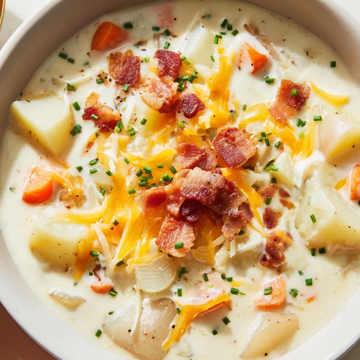 Steam rising from a bowl of Creamy Potato Soup with Cheese and Beef Bacon, featuring melted cheddar and mozzarella.