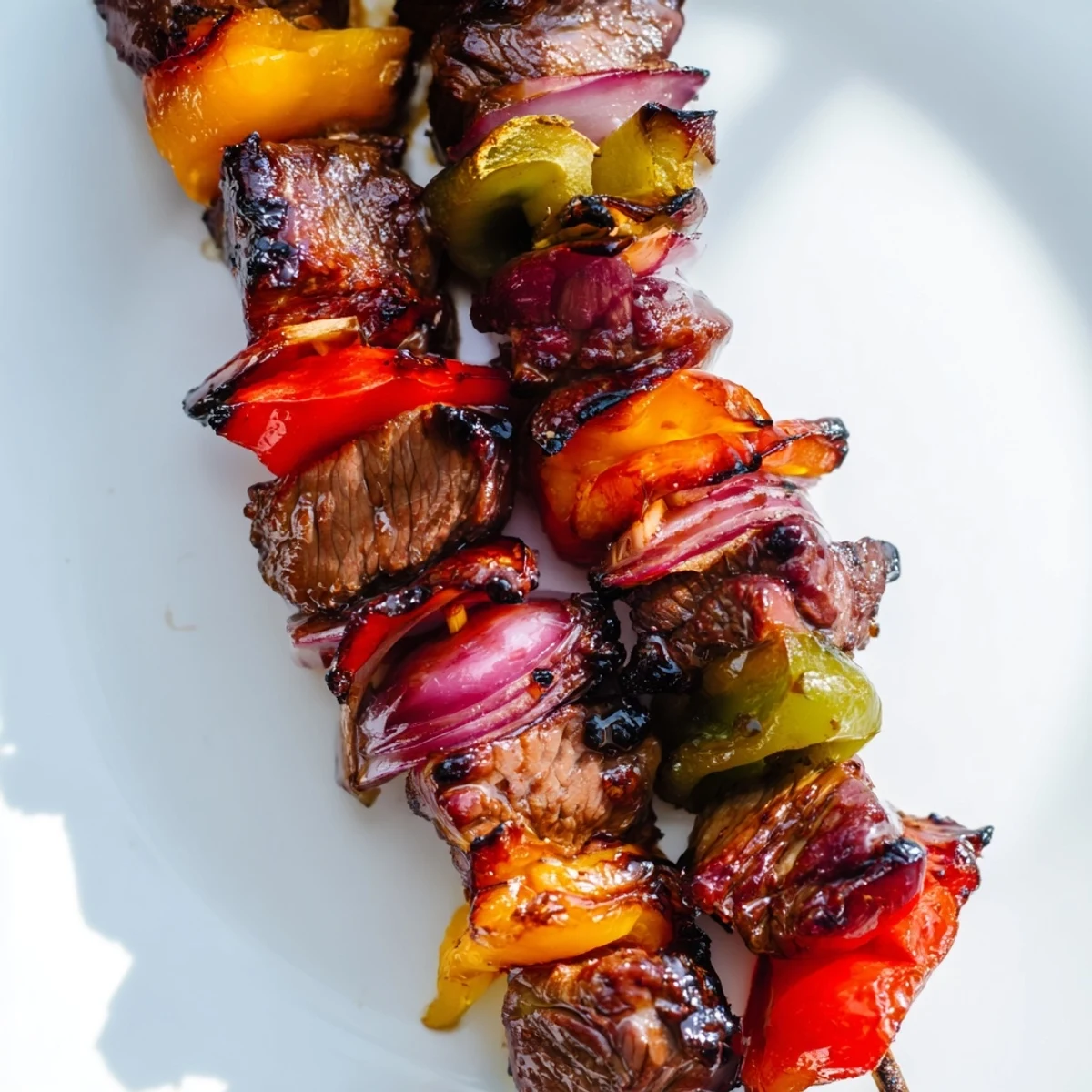 Golden-brown beef kebabs with bell peppers and red onion grilled until juicy with light char marks.