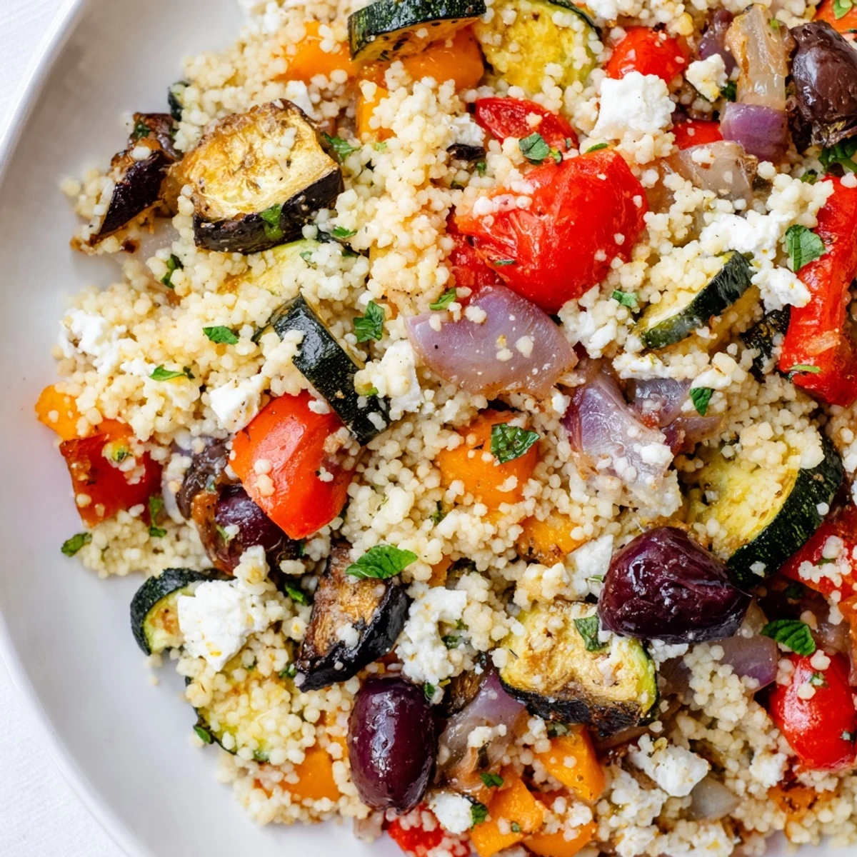 Close-up of the Mediterranean Couscous Salad with Roasted Vegetables, showing fluffy grains and charred zucchini, topped with feta and fresh herbs.