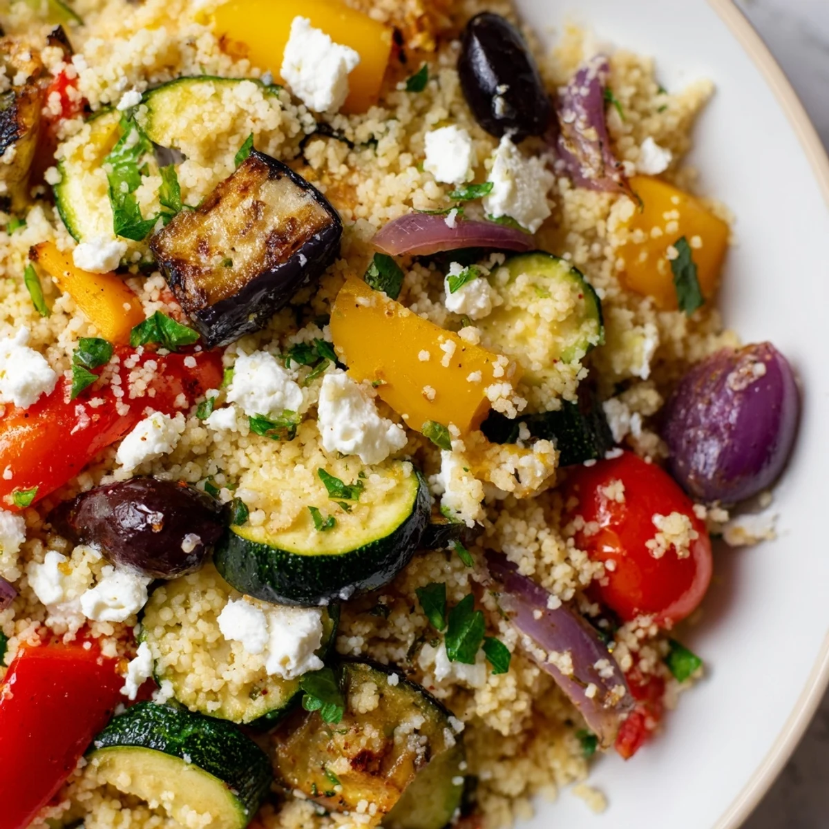 A serving bowl of Mediterranean Couscous Salad with Roasted Vegetables, featuring bell peppers and Kalamata olives, ready for a light lunch.