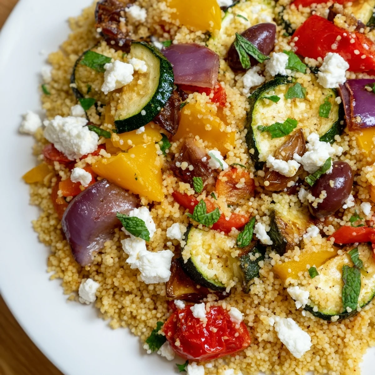 Overhead view of Mediterranean Couscous Salad with Roasted Vegetables tossed in a lemon dressing, with cherry tomatoes and basil throughout.