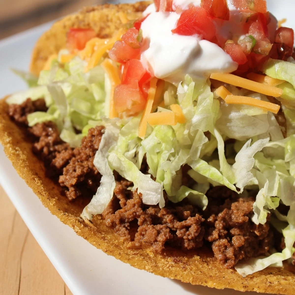 Family-style platter of crunchy hard-shell Beef Tacos topped with avocado and cilantro, ready for a weeknight dinner.