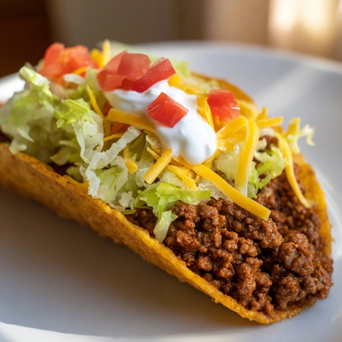 A close-up of golden hard-shell Beef Tacos brimming with juicy beef, cheese, and a side of zesty salsa.
