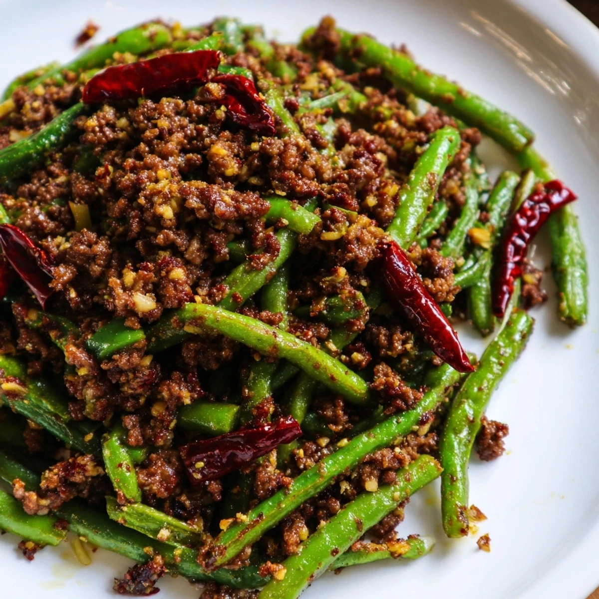 Crisp green beans and savory minced beef coated in a glossy, spicy Szechuan sauce in a white bowl.