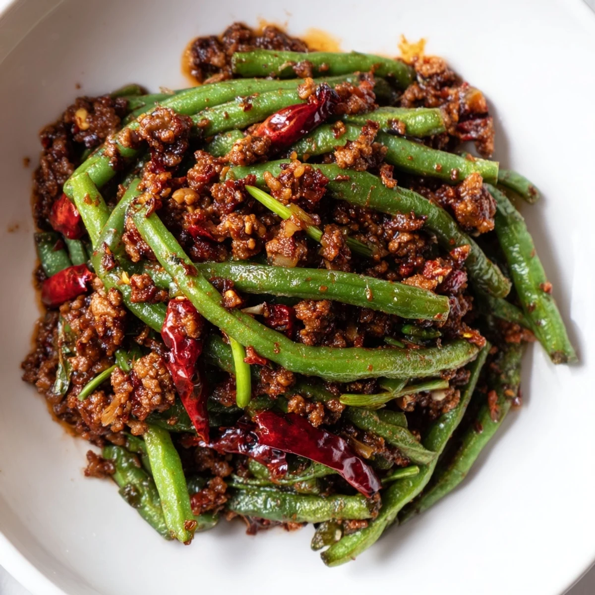 Tossed stir-fry of green beans and beef with red chilies, ready to serve over steamed jasmine rice.
