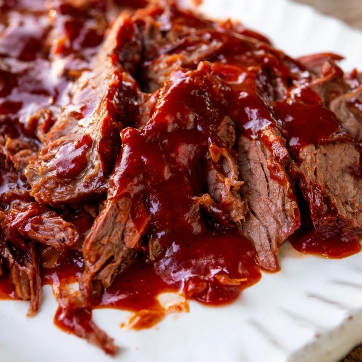 Thick slices of Slow Cooker Beef Brisket with BBQ Sauce served on a bun with pickles and coleslaw.