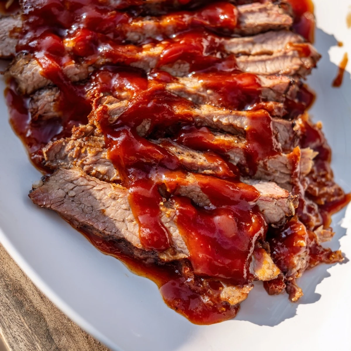 Slow Cooker Beef Brisket with BBQ Sauce shredded and piled high, glistening with sauce for a family-style meal.