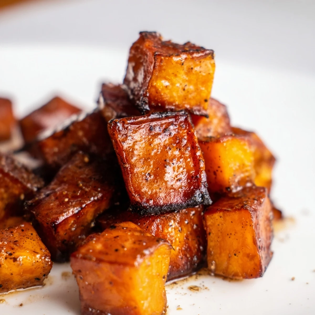 Golden roasted sweet potato cubes glazed with cinnamon and brown sugar, served warm as a cozy side dish.