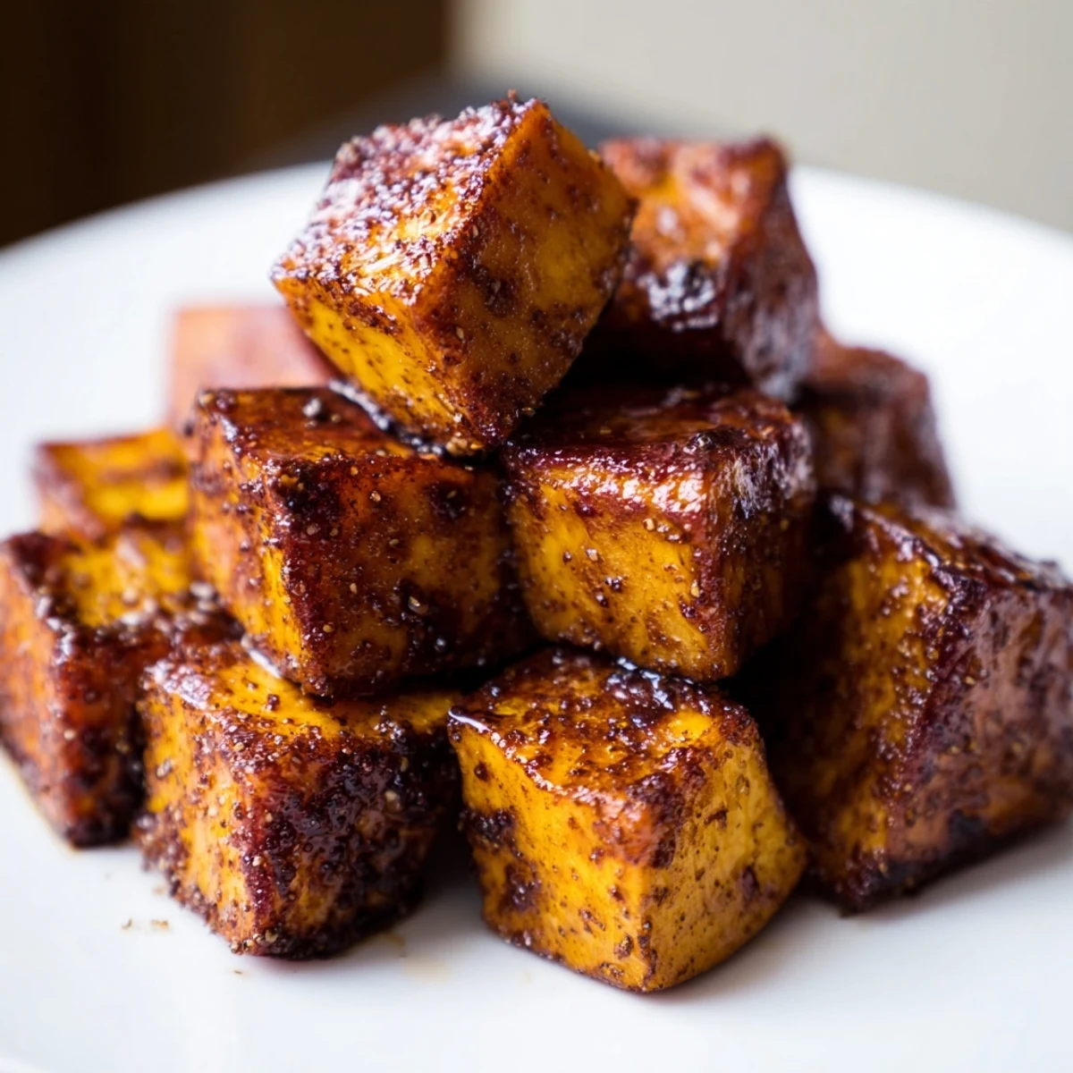 Visually impaired user view: fragrant, sticky, oven-roasted sweet potatoes with warm spices, ideal for holiday dinners or weeknight meals.