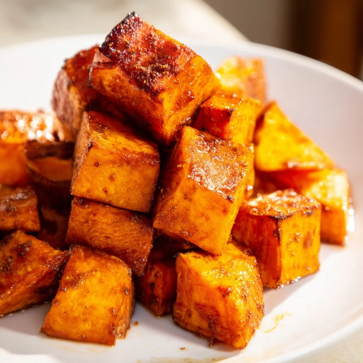 A close-up of tender, caramelized Roasted Sweet Potatoes with Cinnamon and Brown Sugar on a rustic platter.