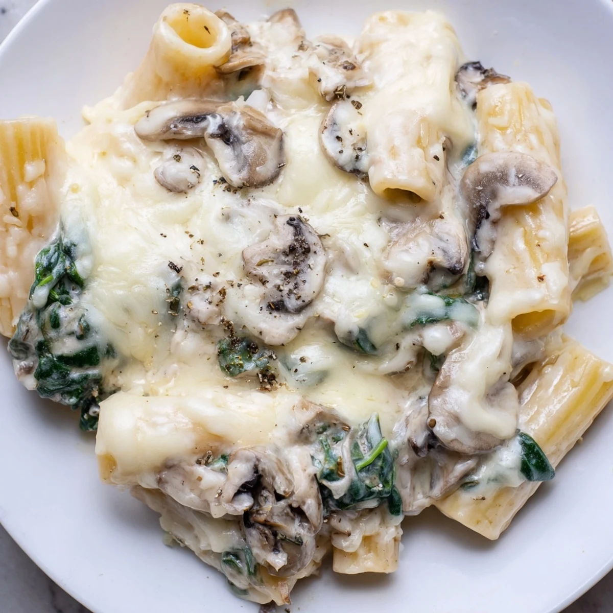 Golden, bubbling Creamy Mushroom and Spinach Pasta Bake fresh from the oven.