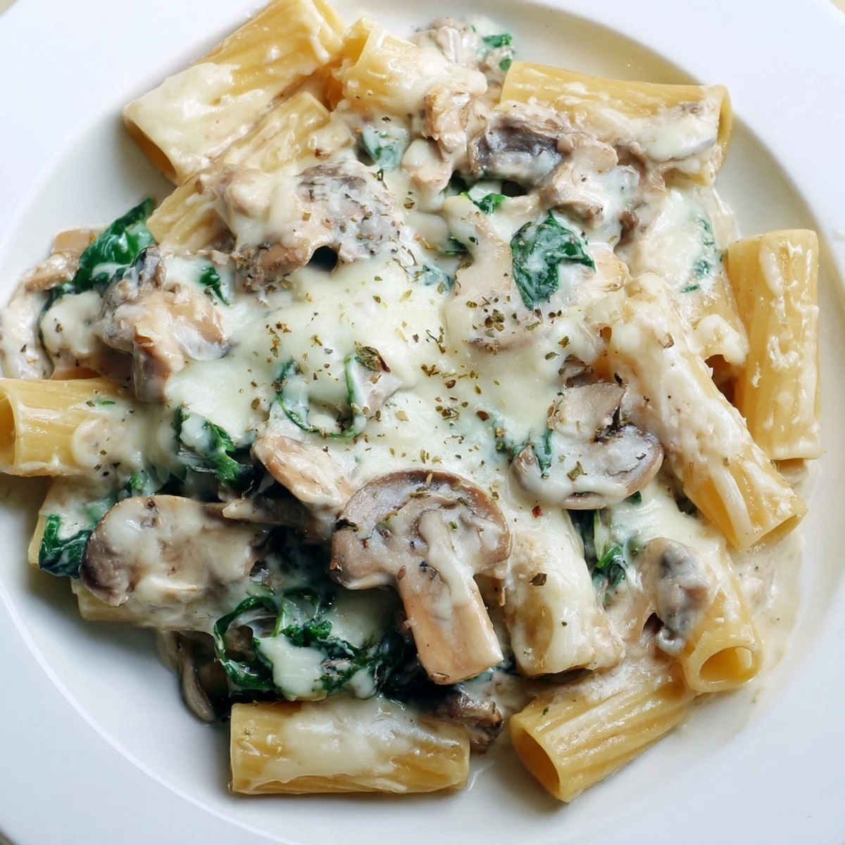 Fresh spinach and sautéed mushrooms nestle in a rich, creamy sauce.